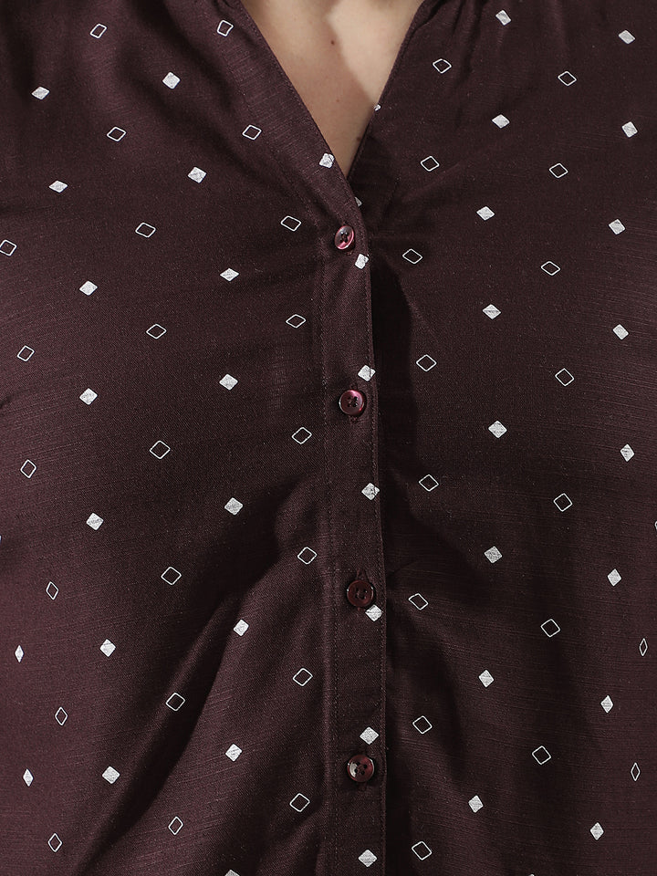 Wine Printed V-Neck Linen Shirt
