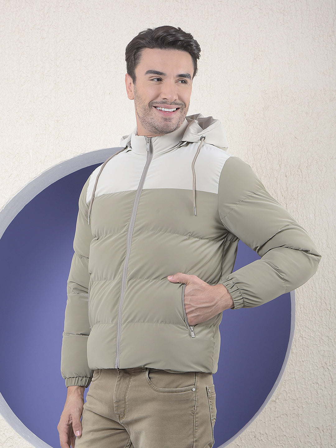  Colorblocked Puffer Hooded Khaki Jacket