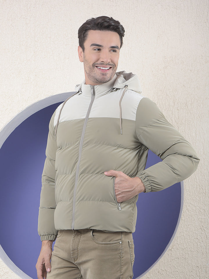  Colorblocked Puffer Hooded Khaki Jacket
