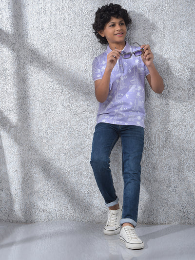 Purple Printed Polo Neck T-Shirt
