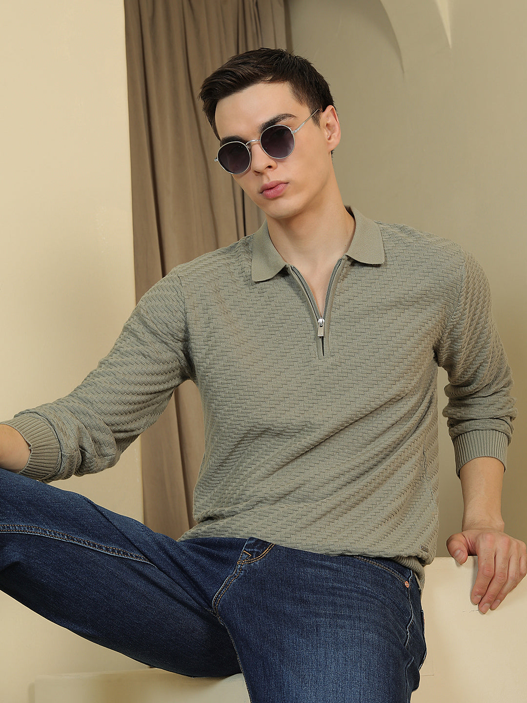 100% Cotton Green Polo Neck Sweater