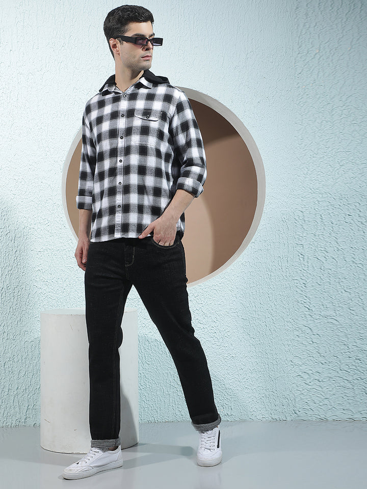 Black Checked 100% Cotton Hooded Shirt