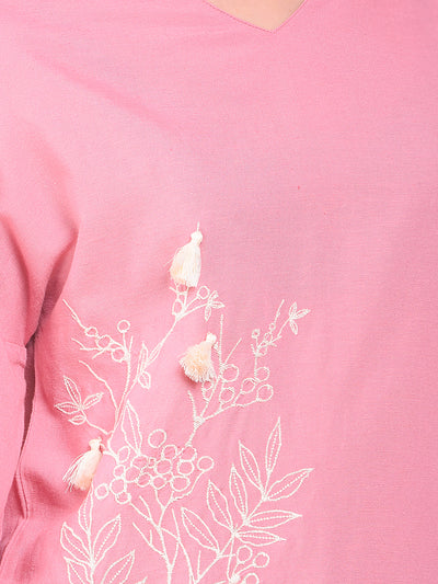 Pink Embroidered V-Neck Top