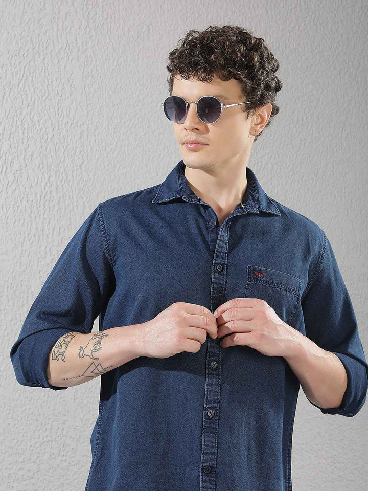 Navy Blue 100% Cotton Denim Shirt