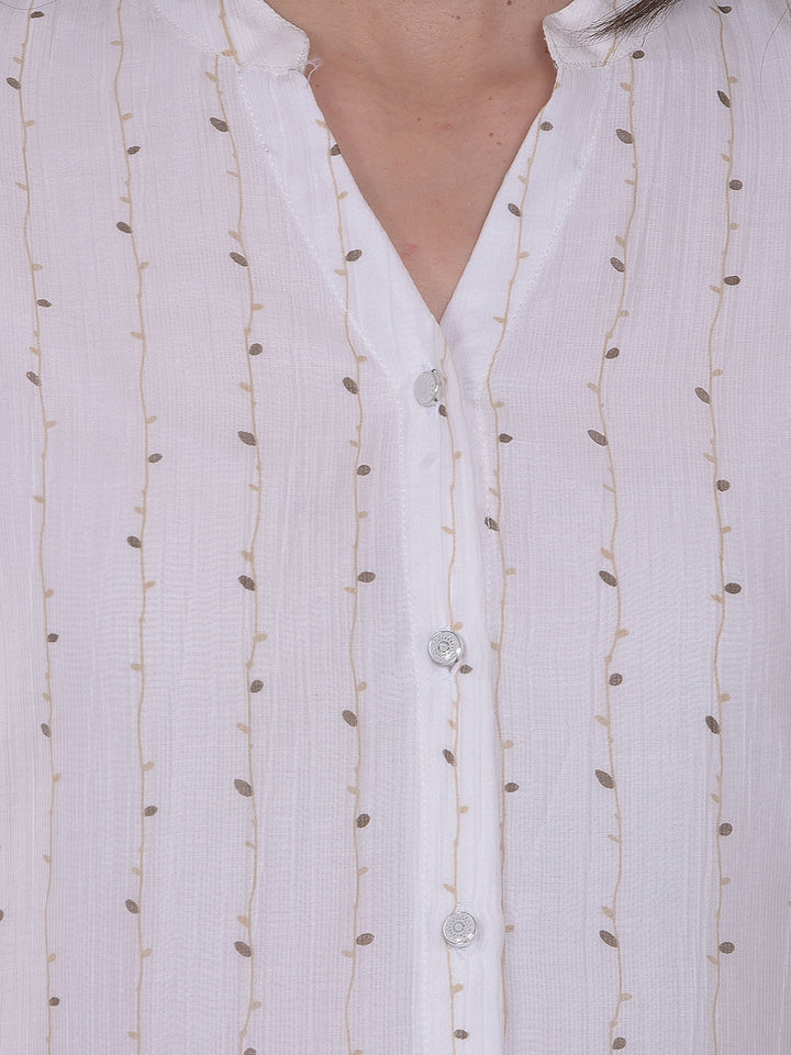 White Botanical Print V-Neck Top