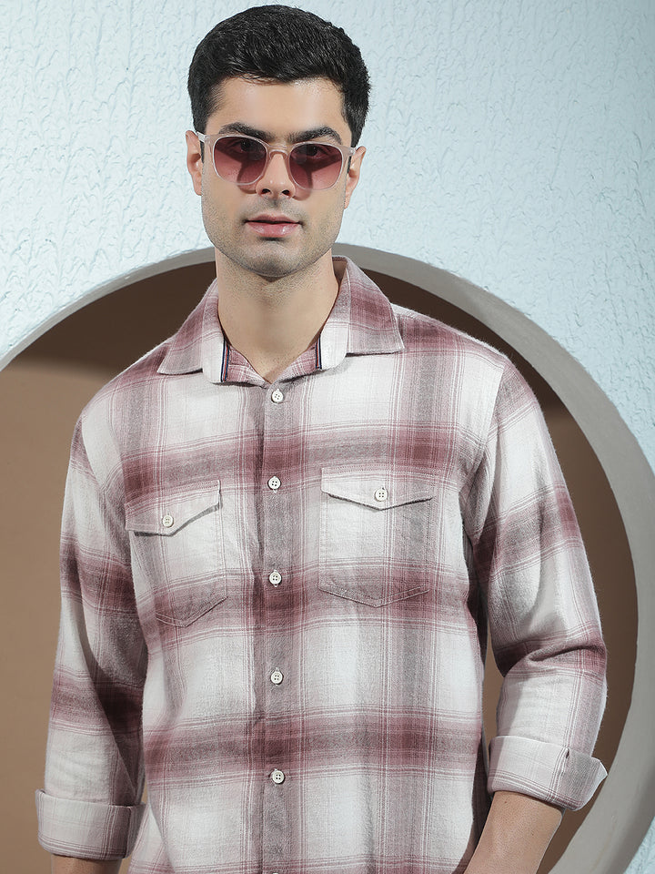 Purple Checked 100% Cotton Double Pocket Shirt