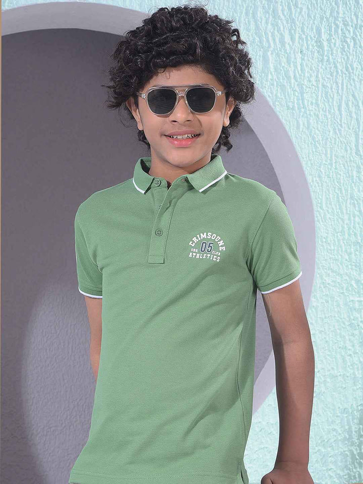 Green Typographic Print Polo Neck T-Shirt