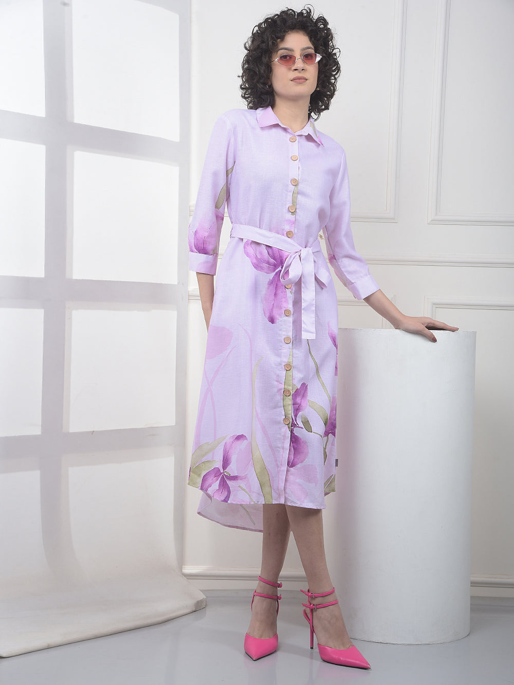 Purple Floral Print Midi Shirt-Dress