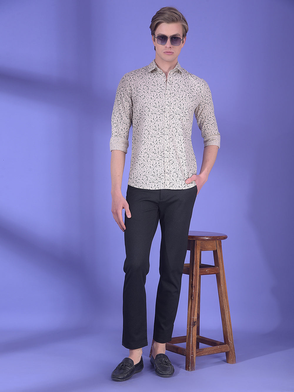 Beige Floral Printed 100% Cotton Shirt