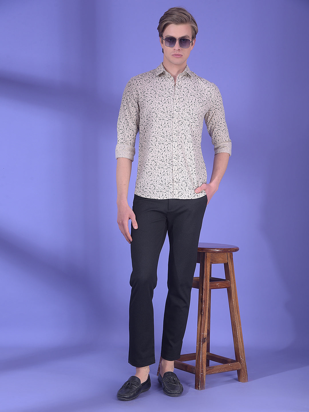 Beige Floral Printed 100% Cotton Shirt