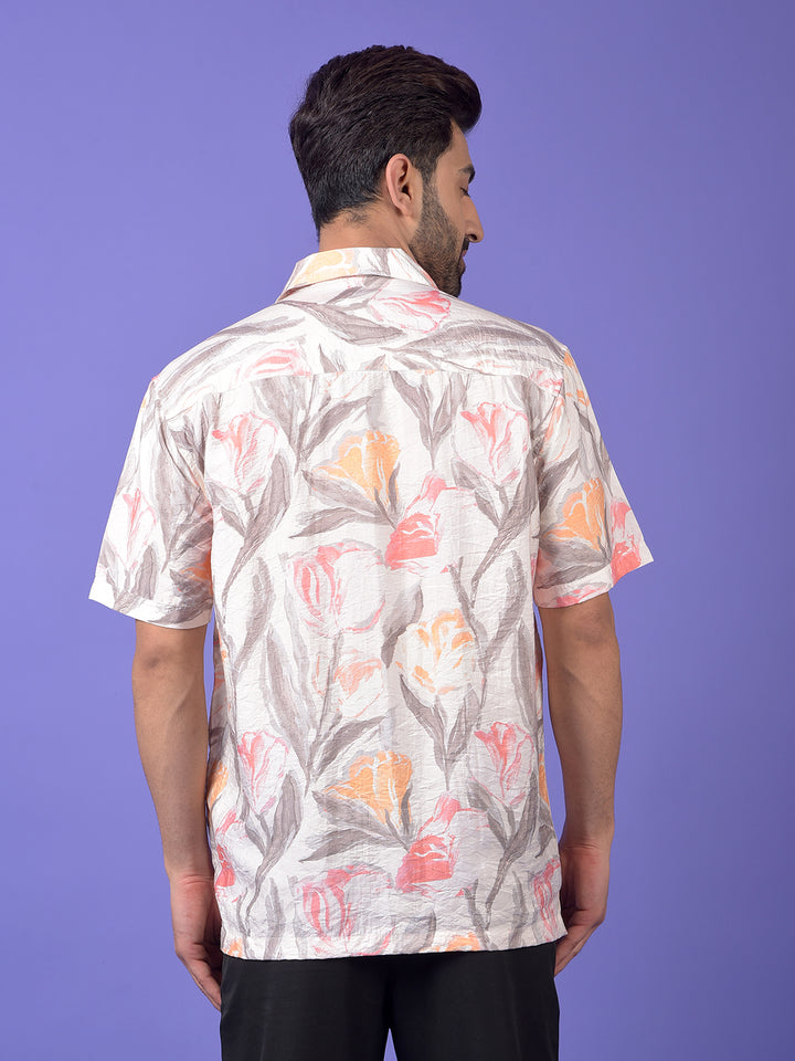 Peach Floral Print Resort Collar Shirt