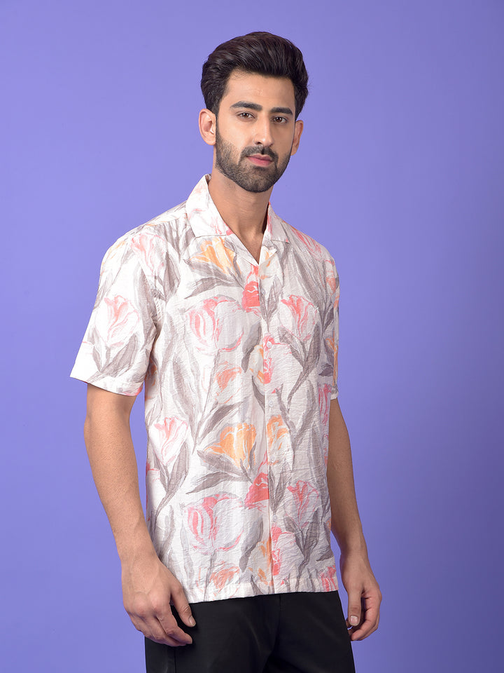 Peach Floral Print Resort Collar Shirt