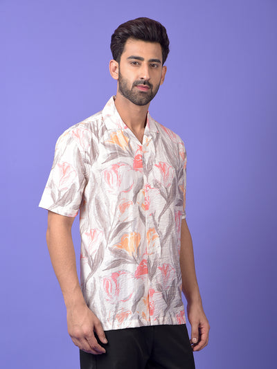 Peach Floral Print Resort Collar Shirt