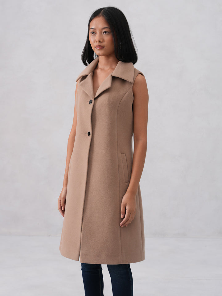 Beige Notched-Lapel Sleeveless Over-Coat