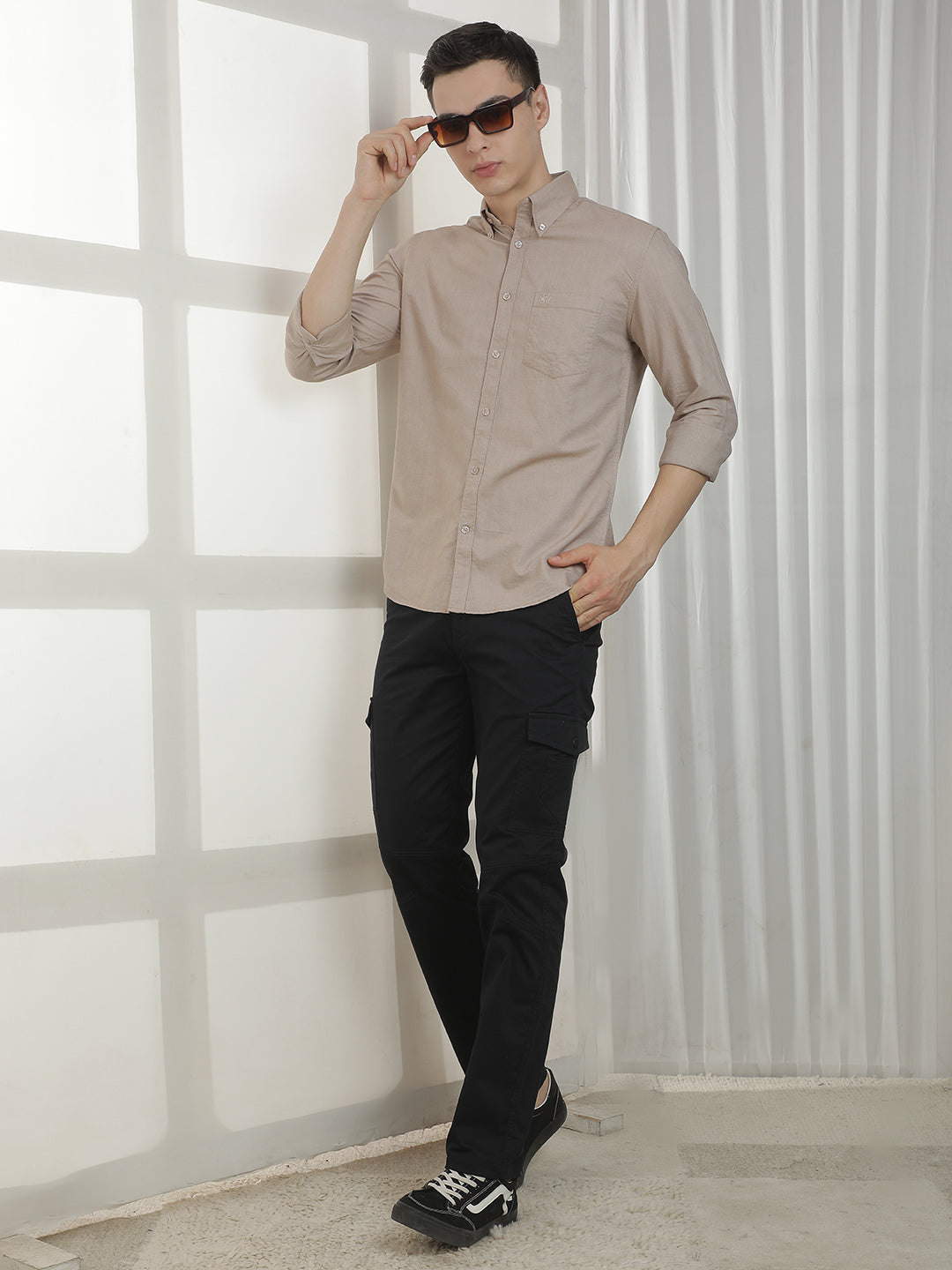 Khaki Button-Down Collar 100% cotton Shirt