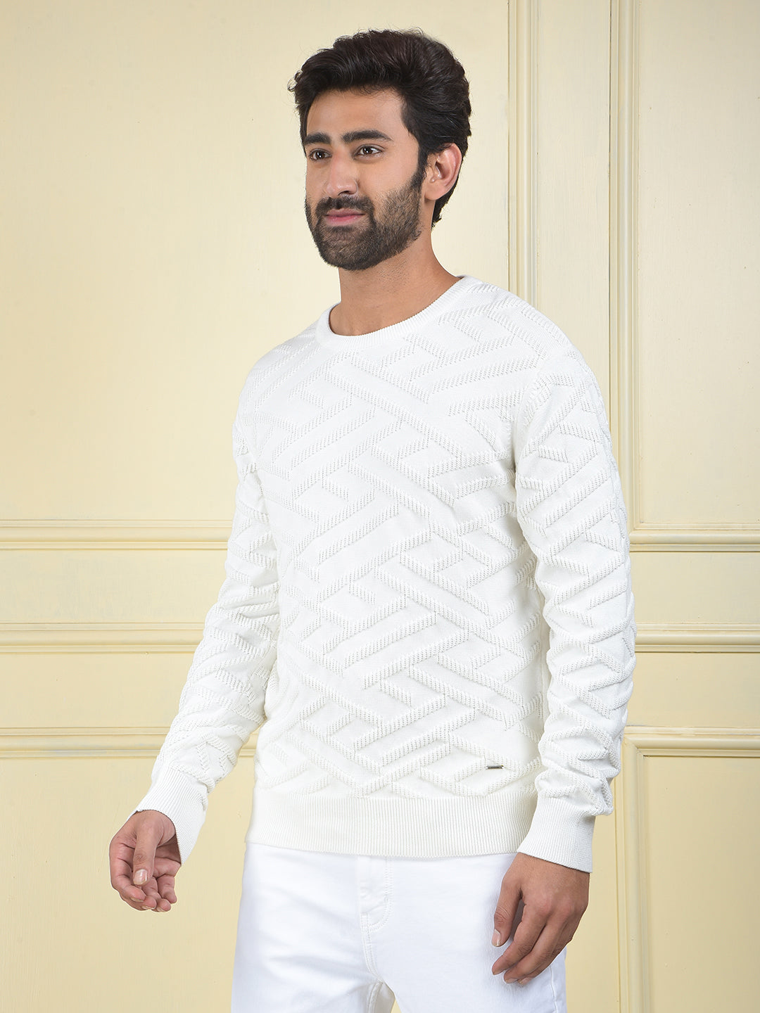 White Jacquard 100% Cotton Sweater