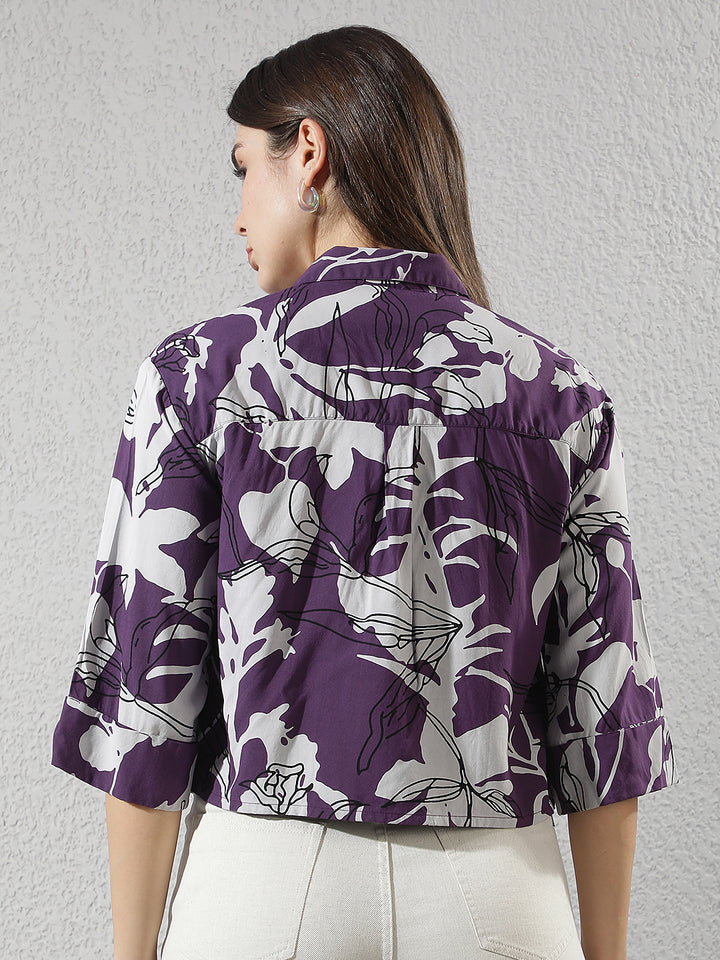 Purple Graphic Print Cropped Shirt