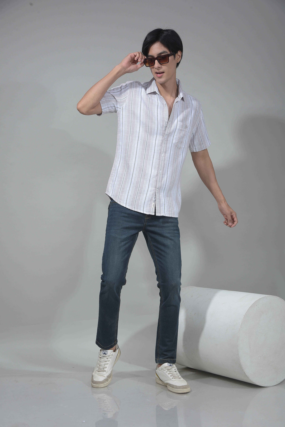 Beige Vertical Striped 100% Cotton Shirt