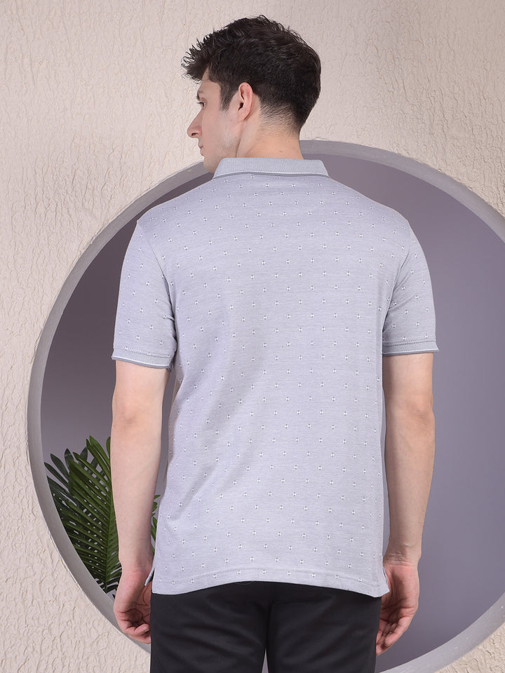 Grey Printed Polo Neck T-Shirt-Men T-Shirts-Crimsoune Club