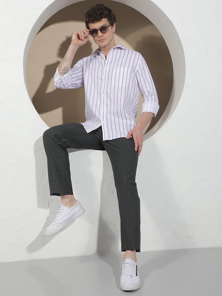 Purple Vertical Stripes 100% Cotton Shirt