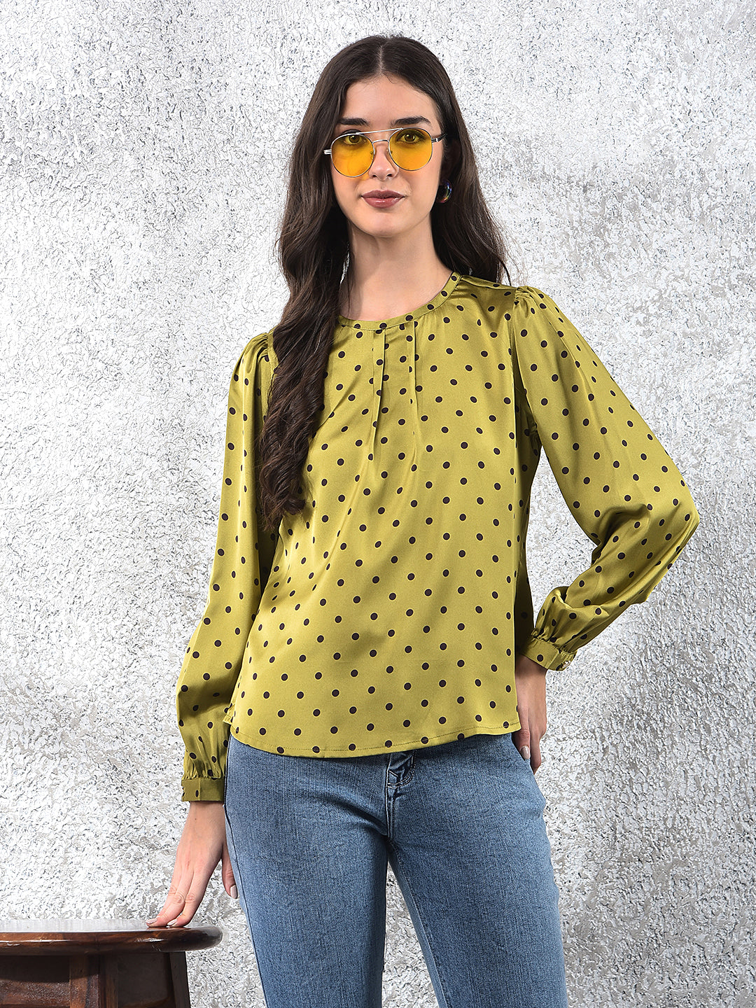 Trendy Olive Polka Dots Top