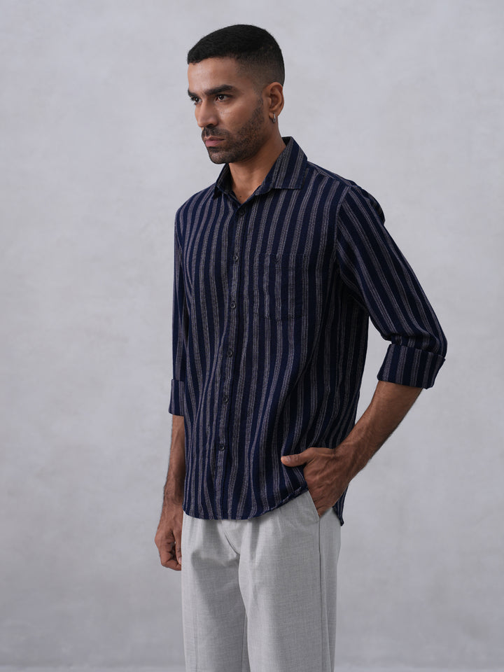Navy Blue Vertical Stripes 100% Cotton Shirt