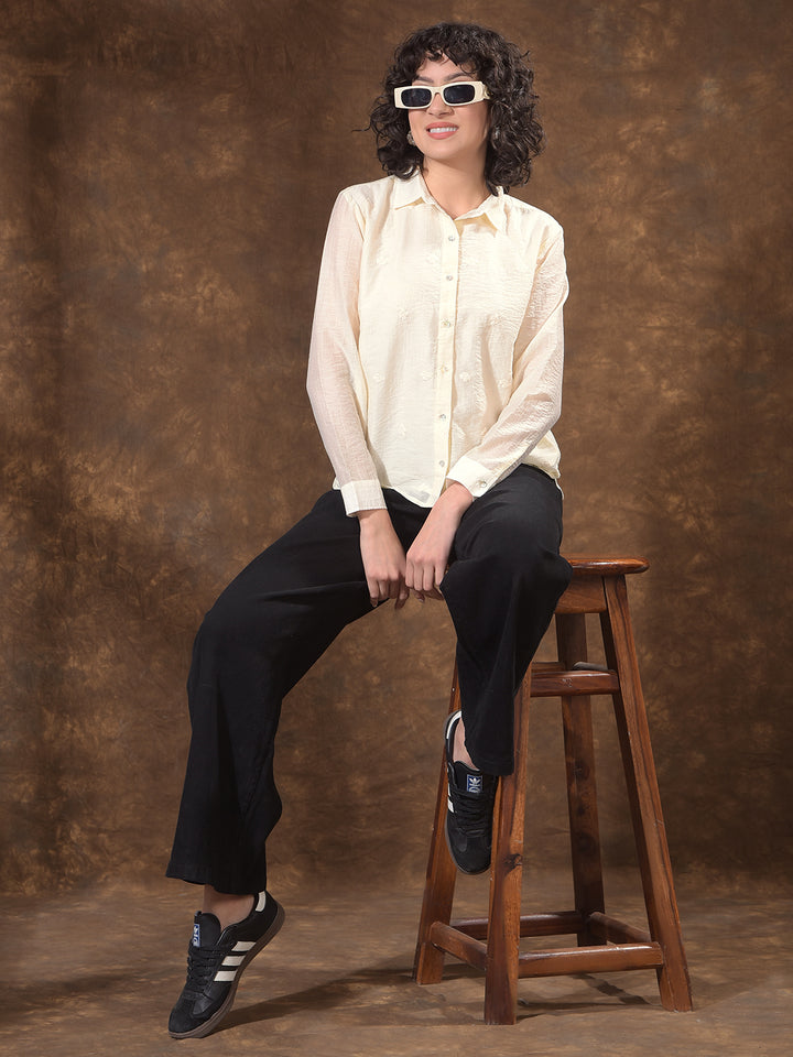 Cream Embroidered Semi-Sheer Shirt