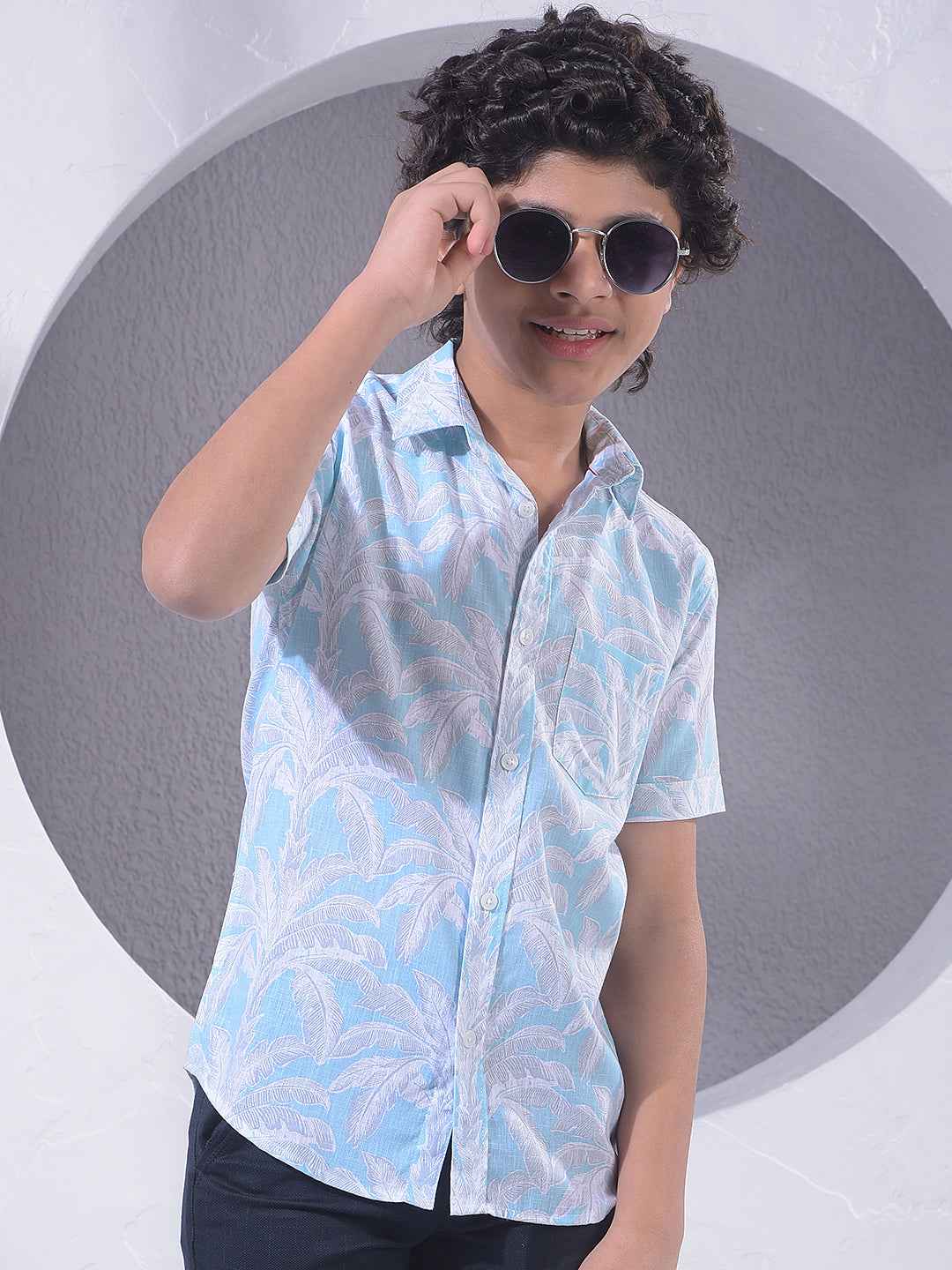 Blue Botanical Print Linen Shirt