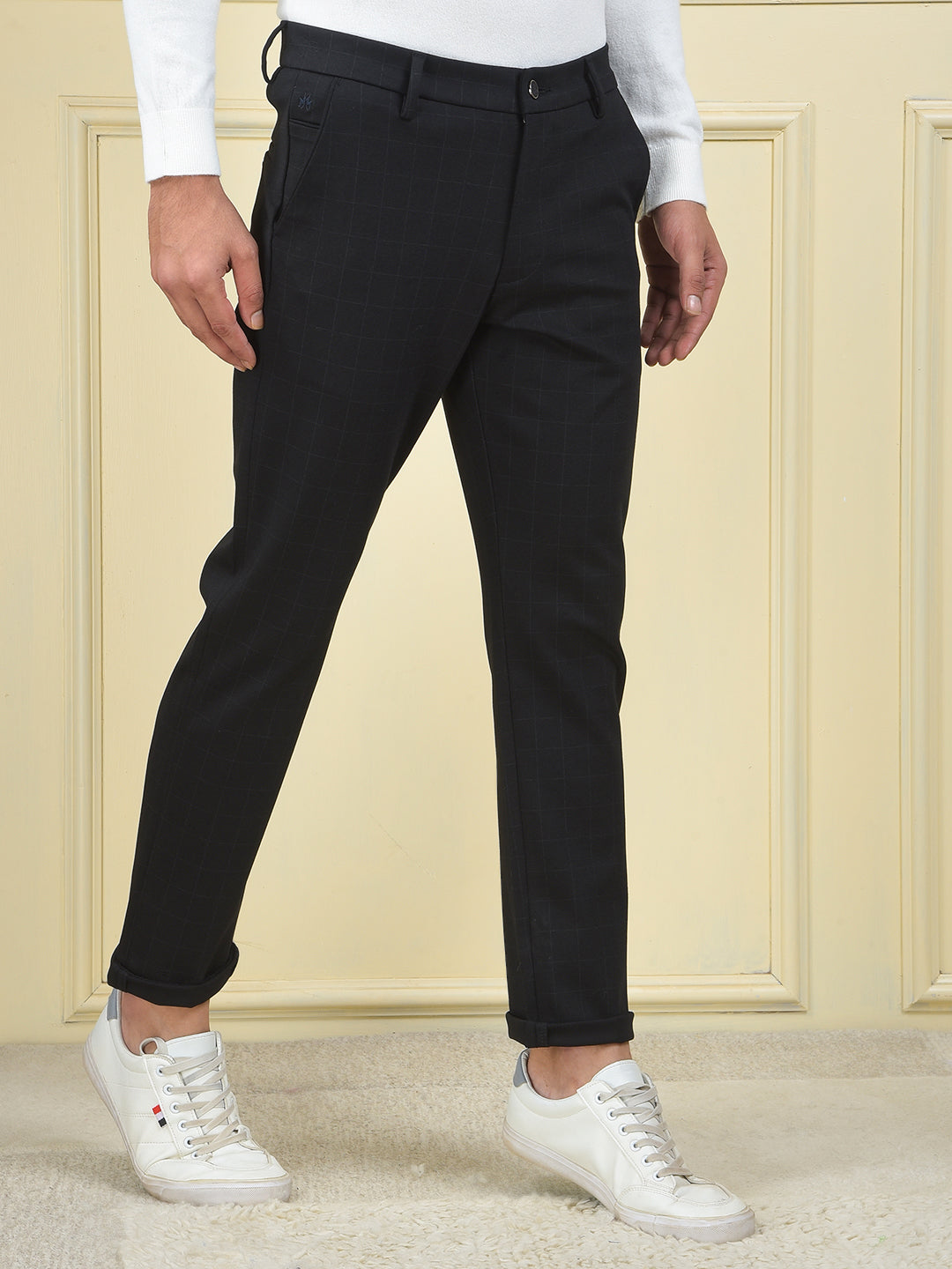 Navy Blue Checked Knitted Trousers