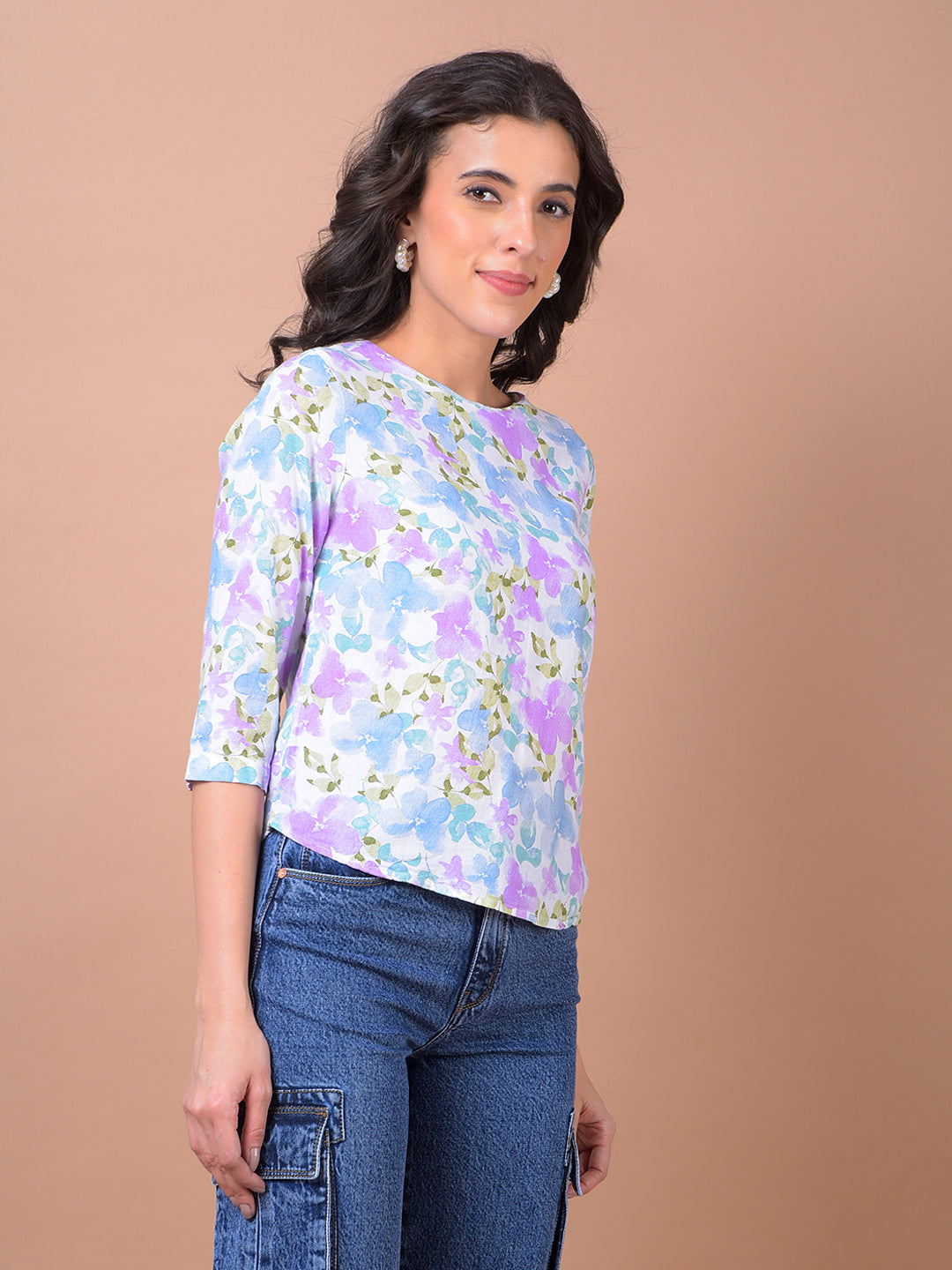 Multi-Color Floral Print Linen Top