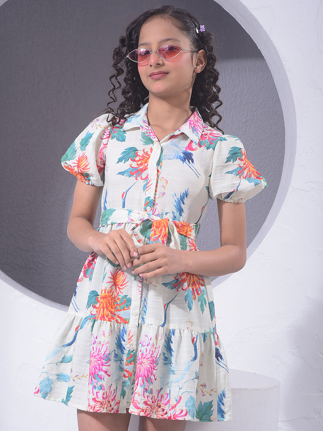 Green Floral Print Mini Shirt Dress With Belt
