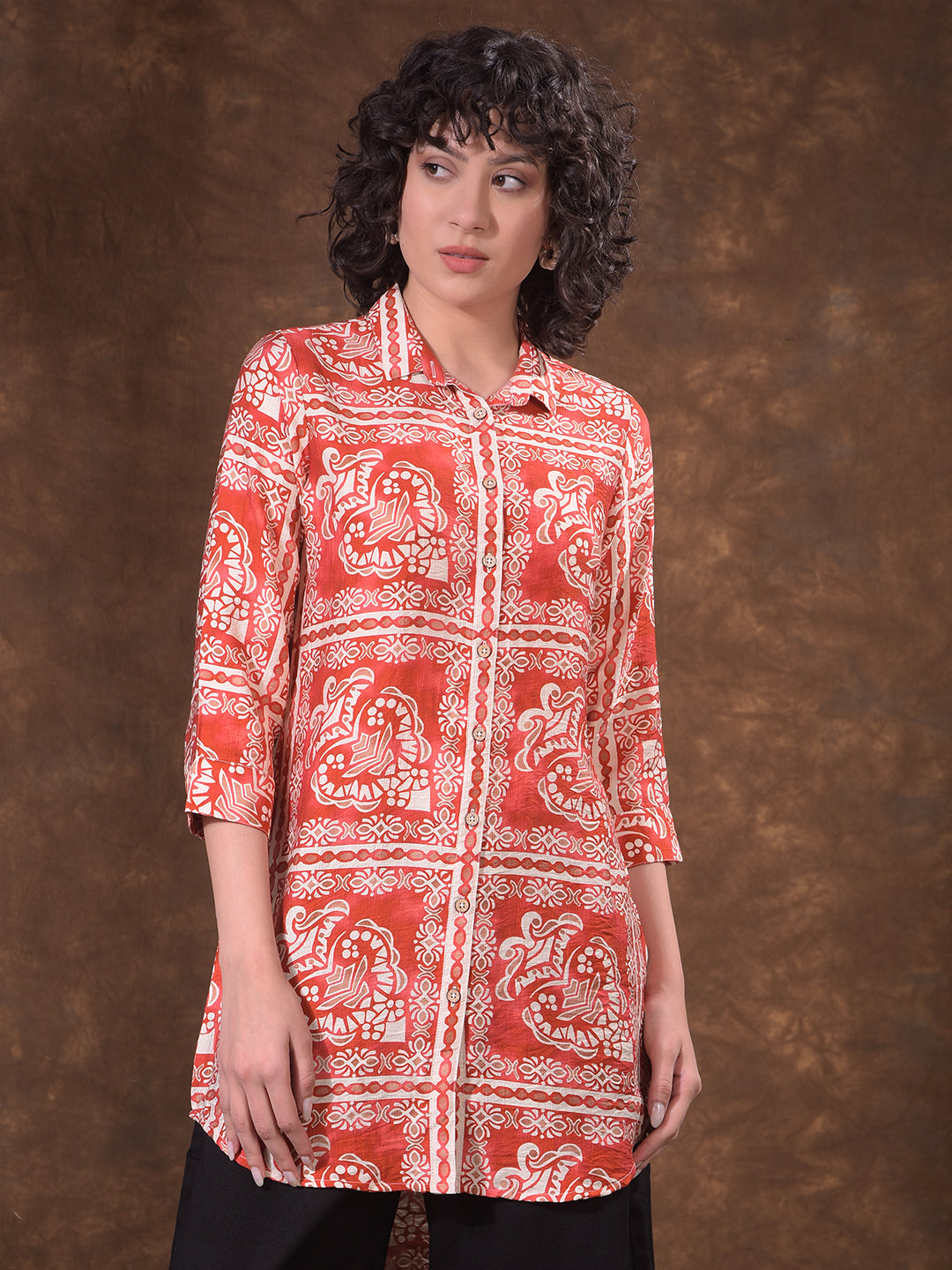Red Geometric Print Longline Shirt
