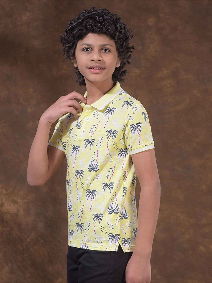Yellow Floral Print Polo Neck T-Shirt