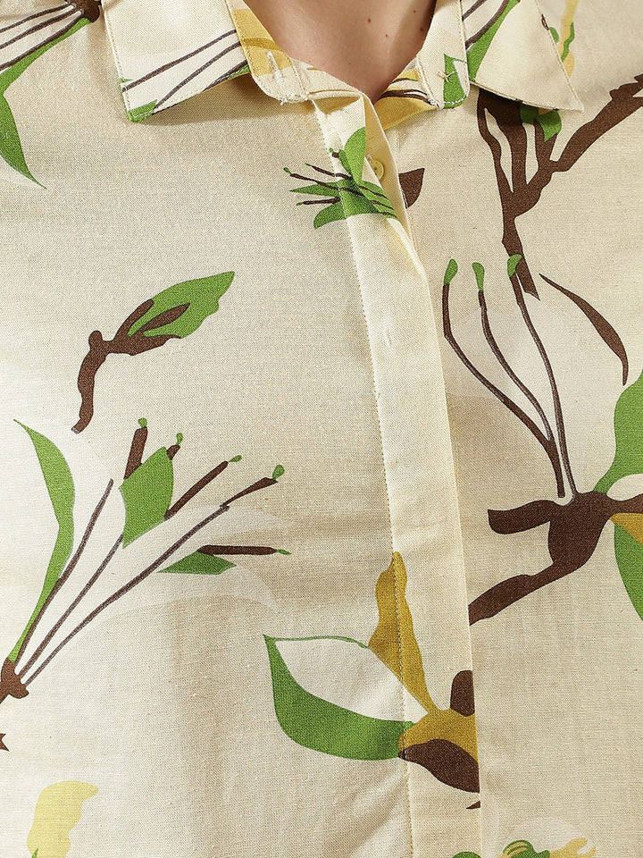 Mustard Floral Print Linen Shirt
