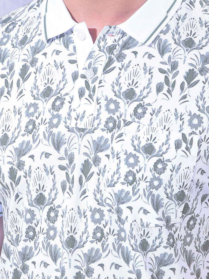 Green Floral Print Polo Neck T-Shirt