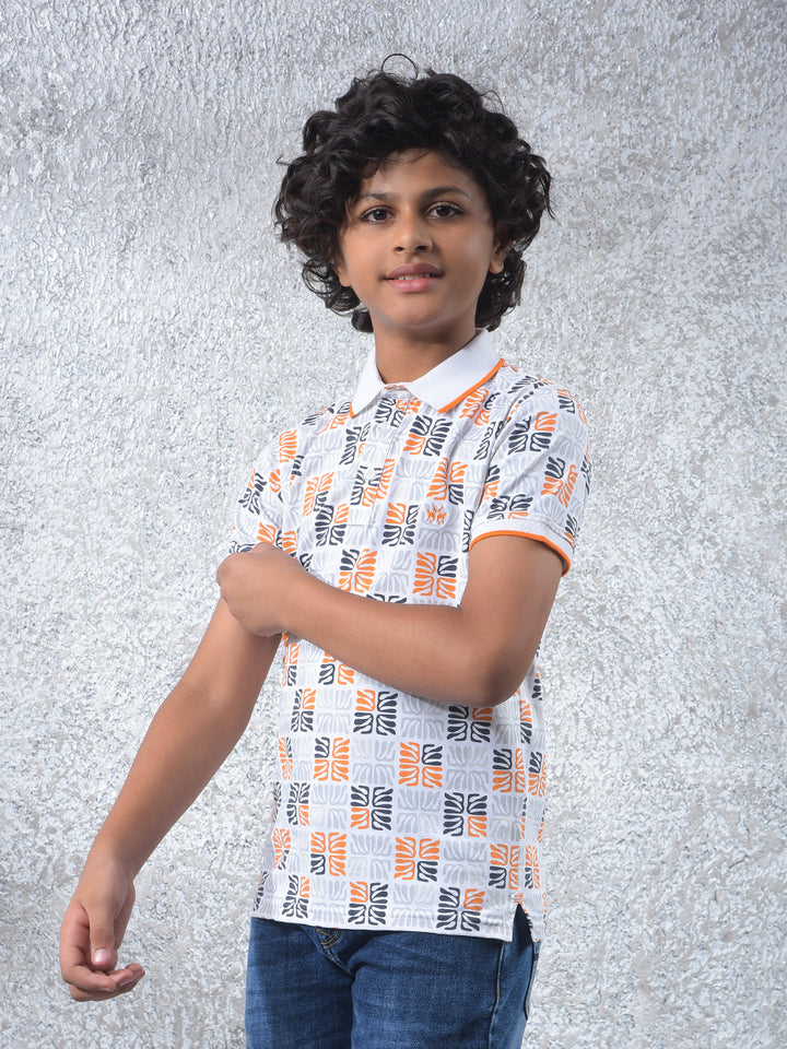 Orange Printed Polo Neck T-Shirt