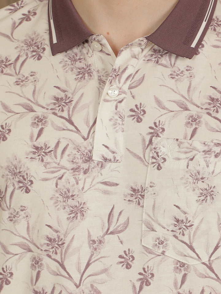 Purple Floral Print Polo Neck T-Shirt