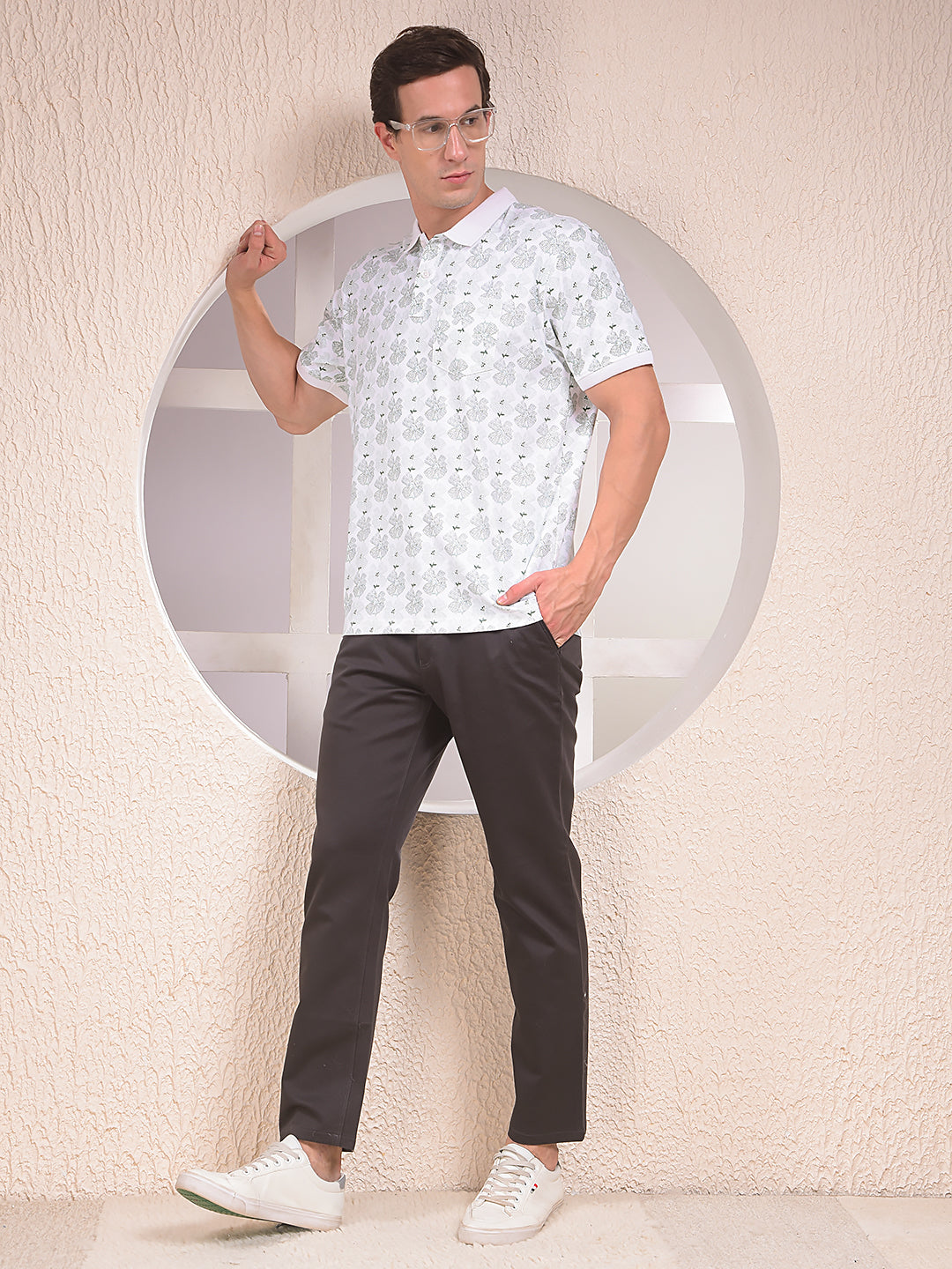 Green Floral Print Polo Neck T-Shirt