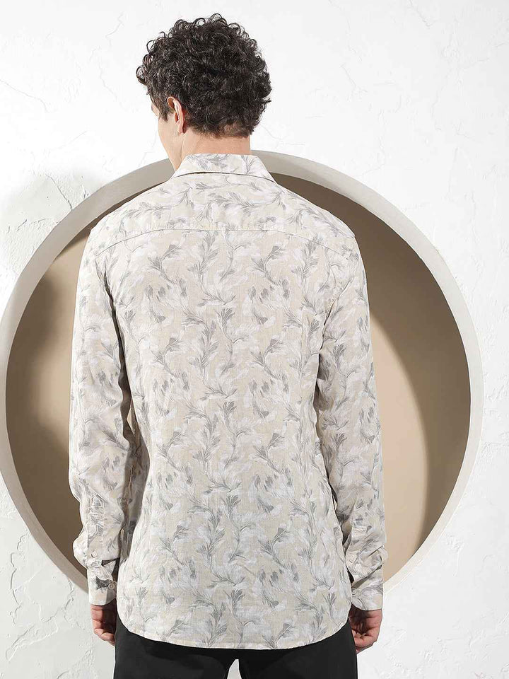 Beige Floral Print Linen Shirt
