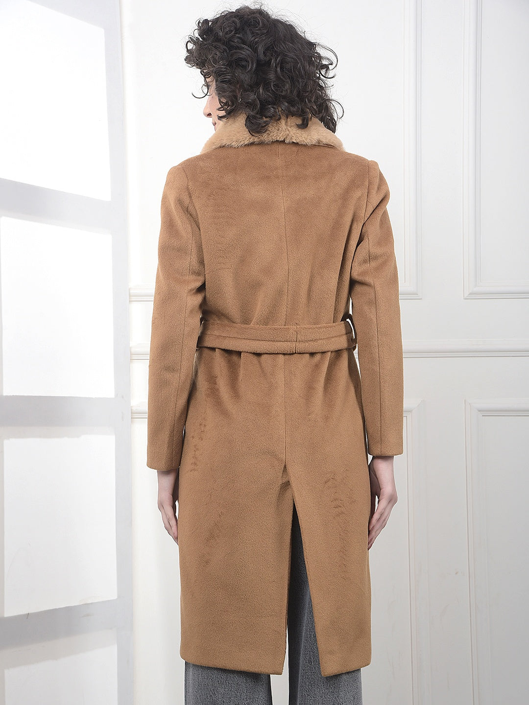Brown Notched Lapel Overcoat With Belt