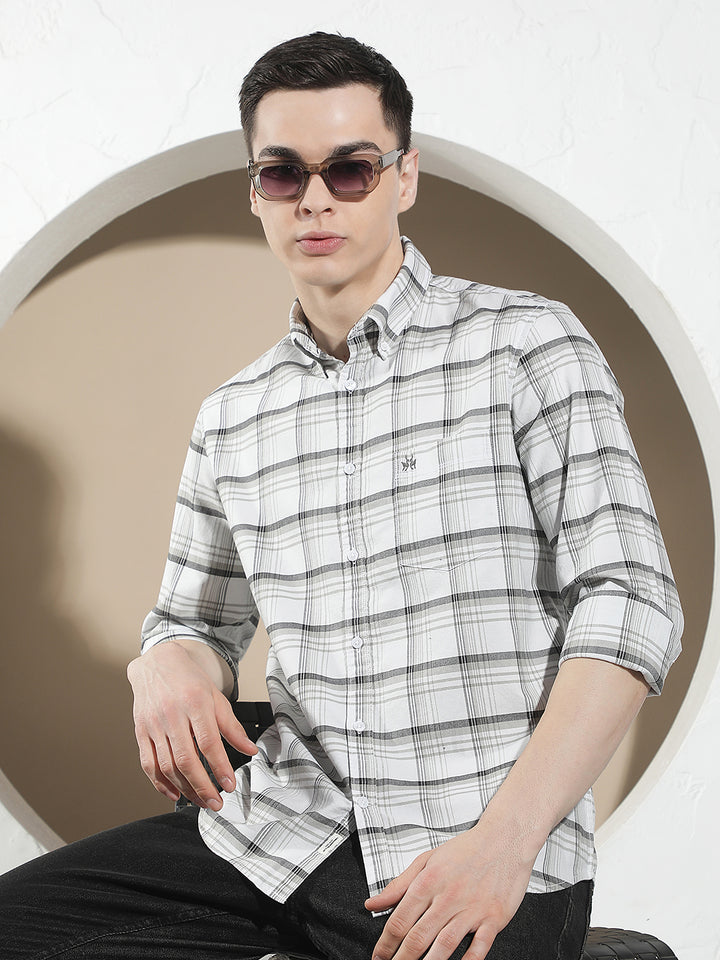 White Checked Button-Down Collar 100% Cotton Shirt