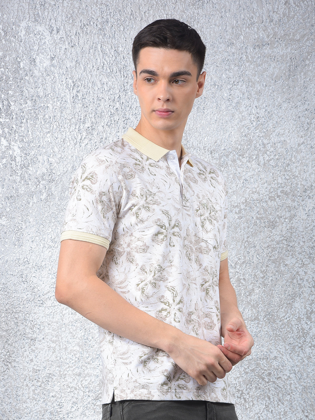 Beige Floral Print Polo-Neck T-Shirt