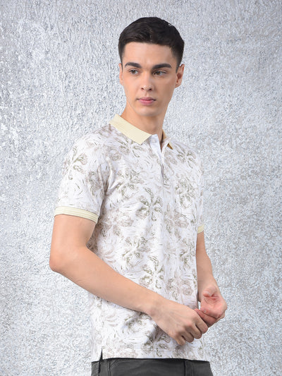 Beige Floral Print Polo-Neck T-Shirt
