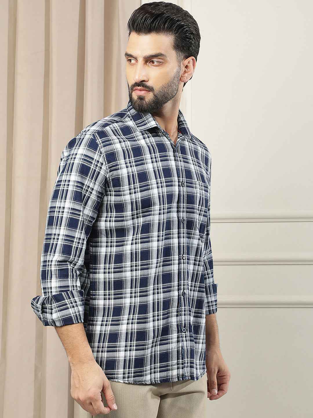 Navy Blue Checked 100% Cotton Shirt