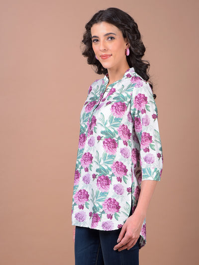 Purple Floral Print V-Neck Top