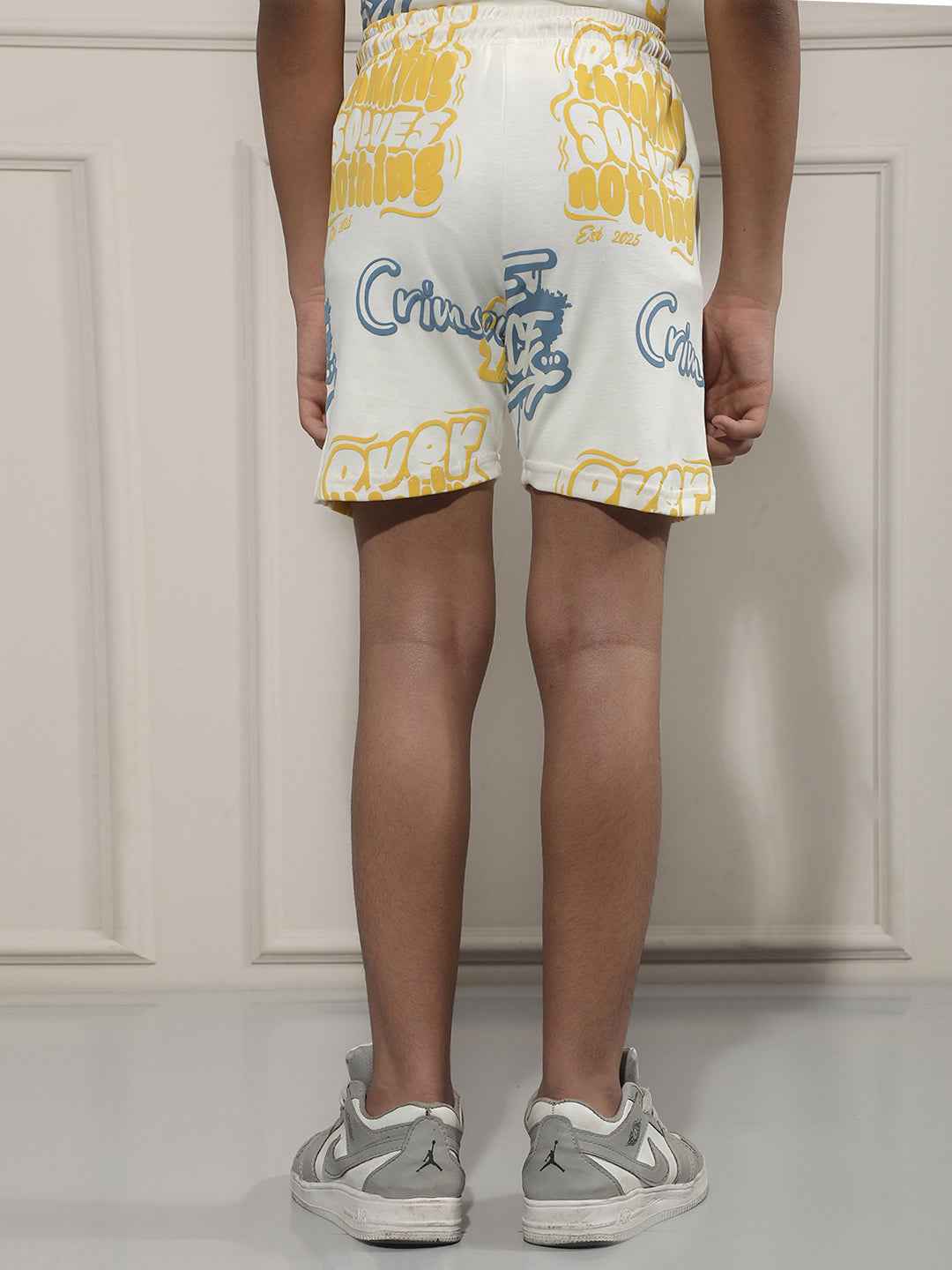 White Typographic Print Shorts