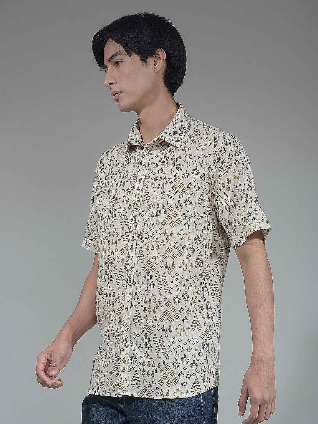 Beige Printed Linen Shirt