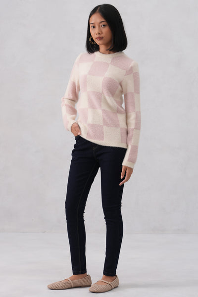Soft Pink Cozy Check Sweater