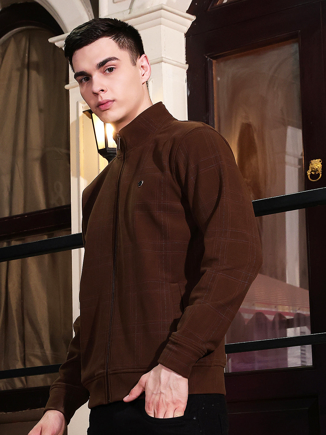 Tan Checked Front Open Sweatshirt