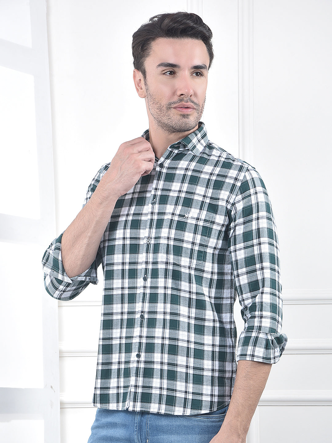 Green Checked 100% Cotton Casual Shirt